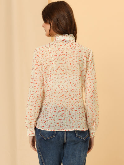 Ruffled Neck Long Sleeve Button Up Semi Sheer Chiffon Floral Shirt