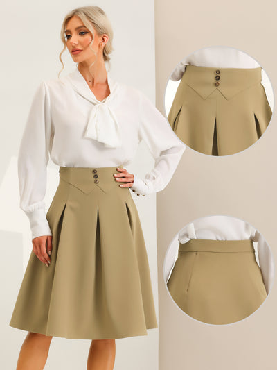 Casual Office A-Line Button Decor High Waist Flared Pleated Midi Skirt