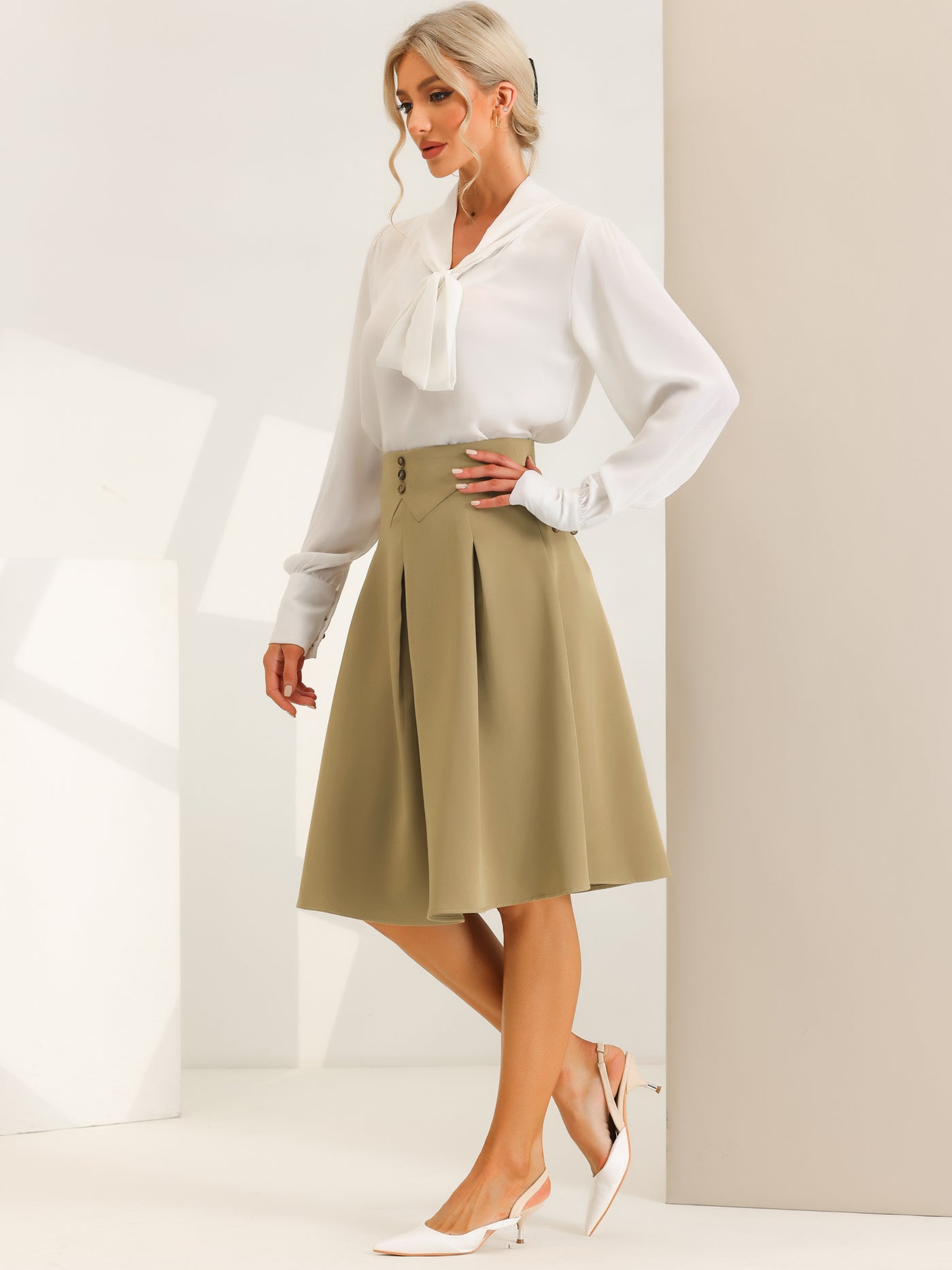 Allegra K Casual Office A-Line Button Decor High Waist Flared Pleated Midi Skirt