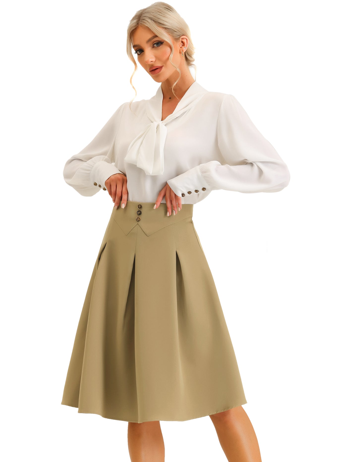 Allegra K Casual Office A-Line Button Decor High Waist Flared Pleated Midi Skirt