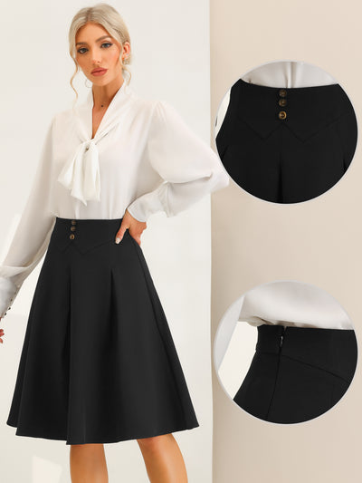Casual Office A-Line Button Decor High Waist Flared Pleated Midi Skirt