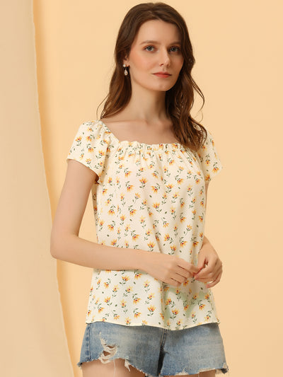 Square Neck Casual Peasant Tops Cap Sleeve Floral Print Blouse