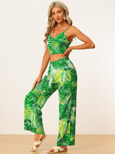 Allegra K Tropical Top and Pants Sets Two-Piece Beach Outfits
