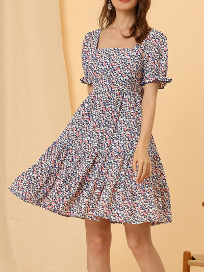 Floral Tie Back Summer Square Neck Ruffle Sleeve Mini A-Line Dress