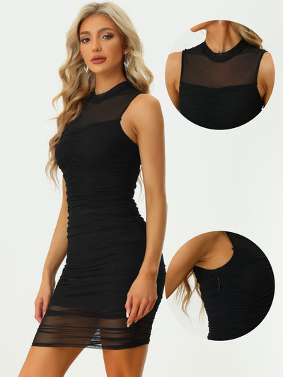 Sheer Mesh Bodycon Sleeveless Mock Neck Ruched Party Dress