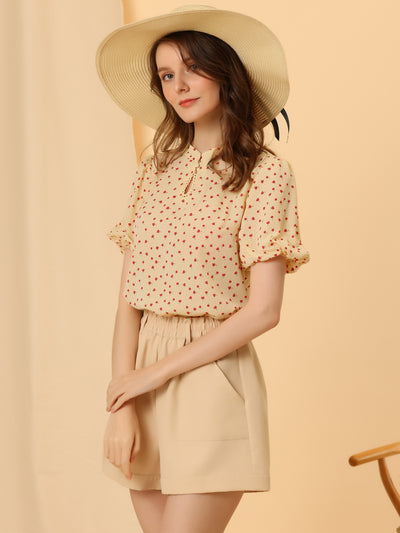 Peasant Floral Dotted Stand Collar Puff Sleeve Keyhole Blouse