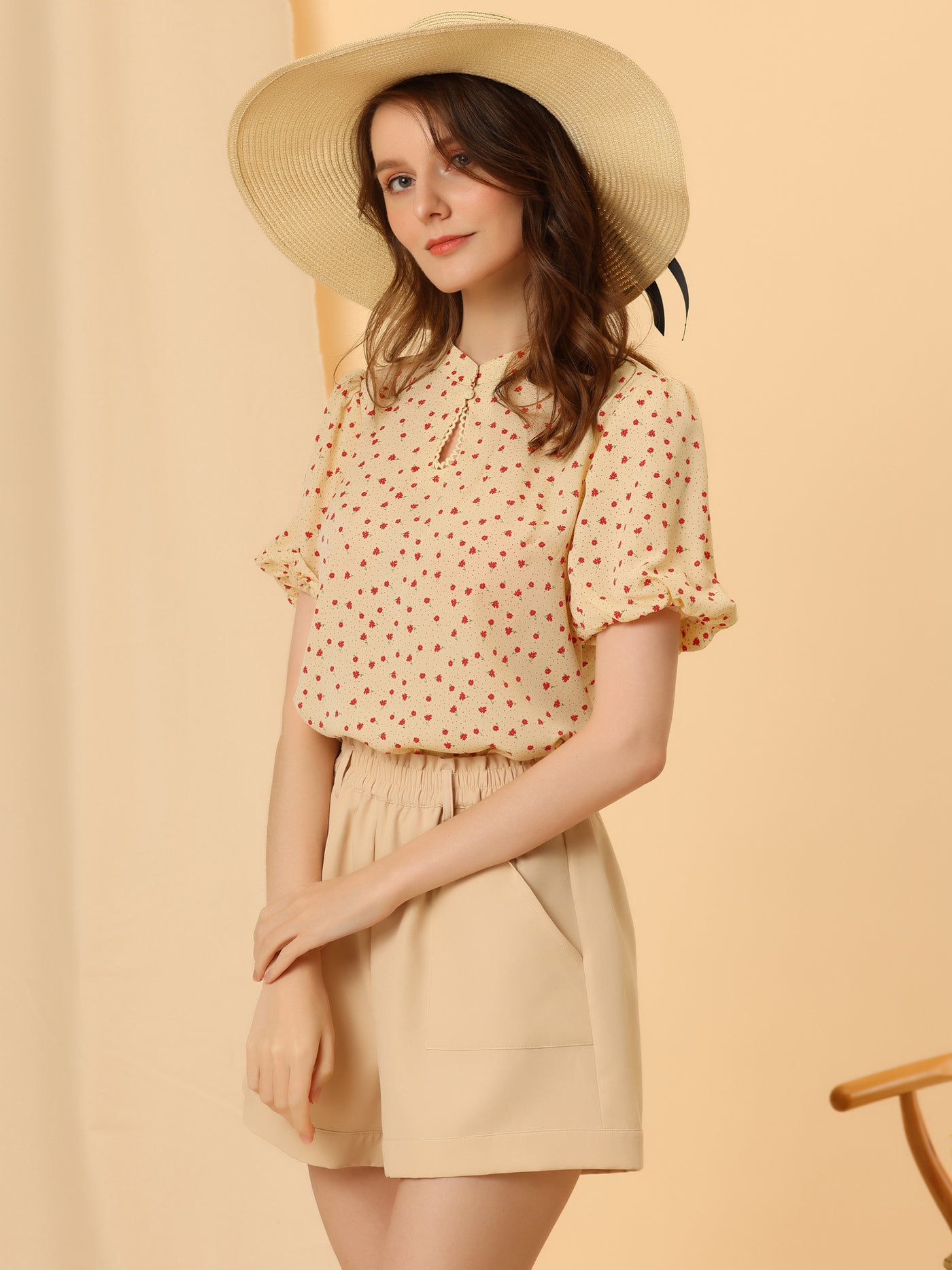 Allegra K Peasant Floral Dotted Stand Collar Puff Sleeve Keyhole Blouse