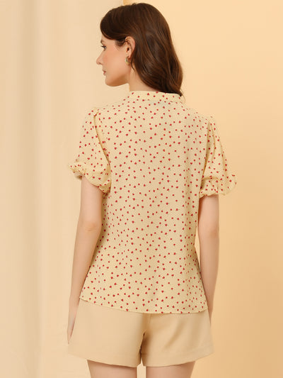 Peasant Floral Dotted Stand Collar Puff Sleeve Keyhole Blouse