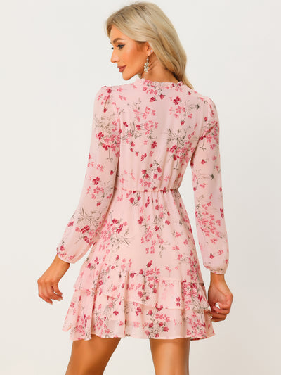 Floral V Neck Semi Sheer Long Sleeve Layered Tiered Chiffon Mini Dress