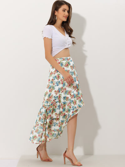 Asymmetrical Ruffle Wrap Tiered Chiffon Floral Skirt