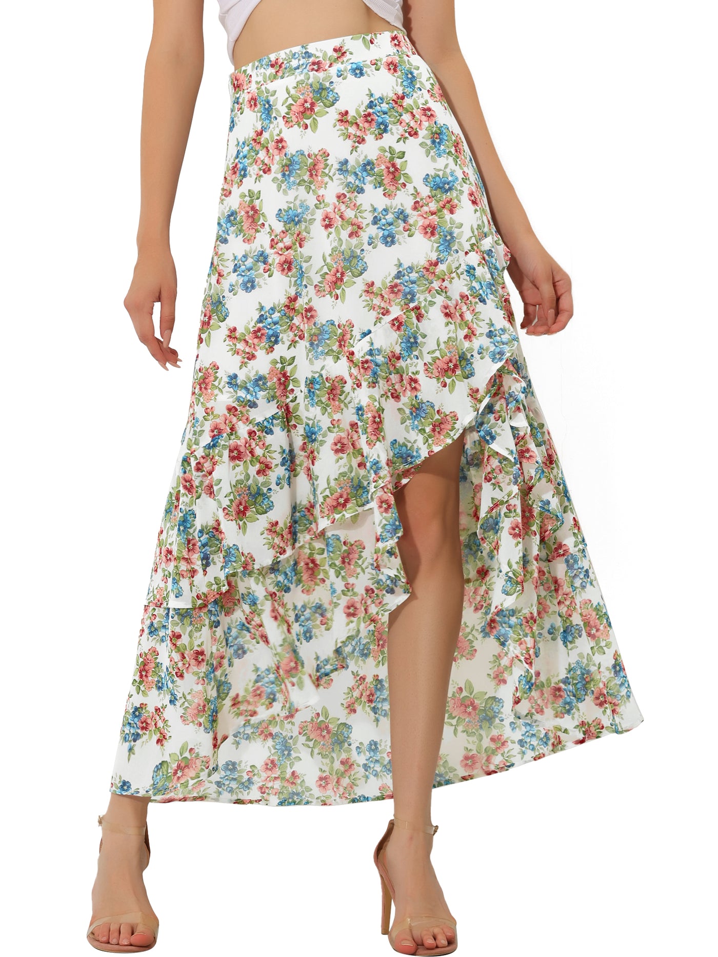 Allegra K Asymmetrical Ruffle Wrap Tiered Chiffon Floral Skirt