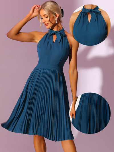 Pleated Summer Tie Halter Neck Sleeveless Party Cocktail Dress