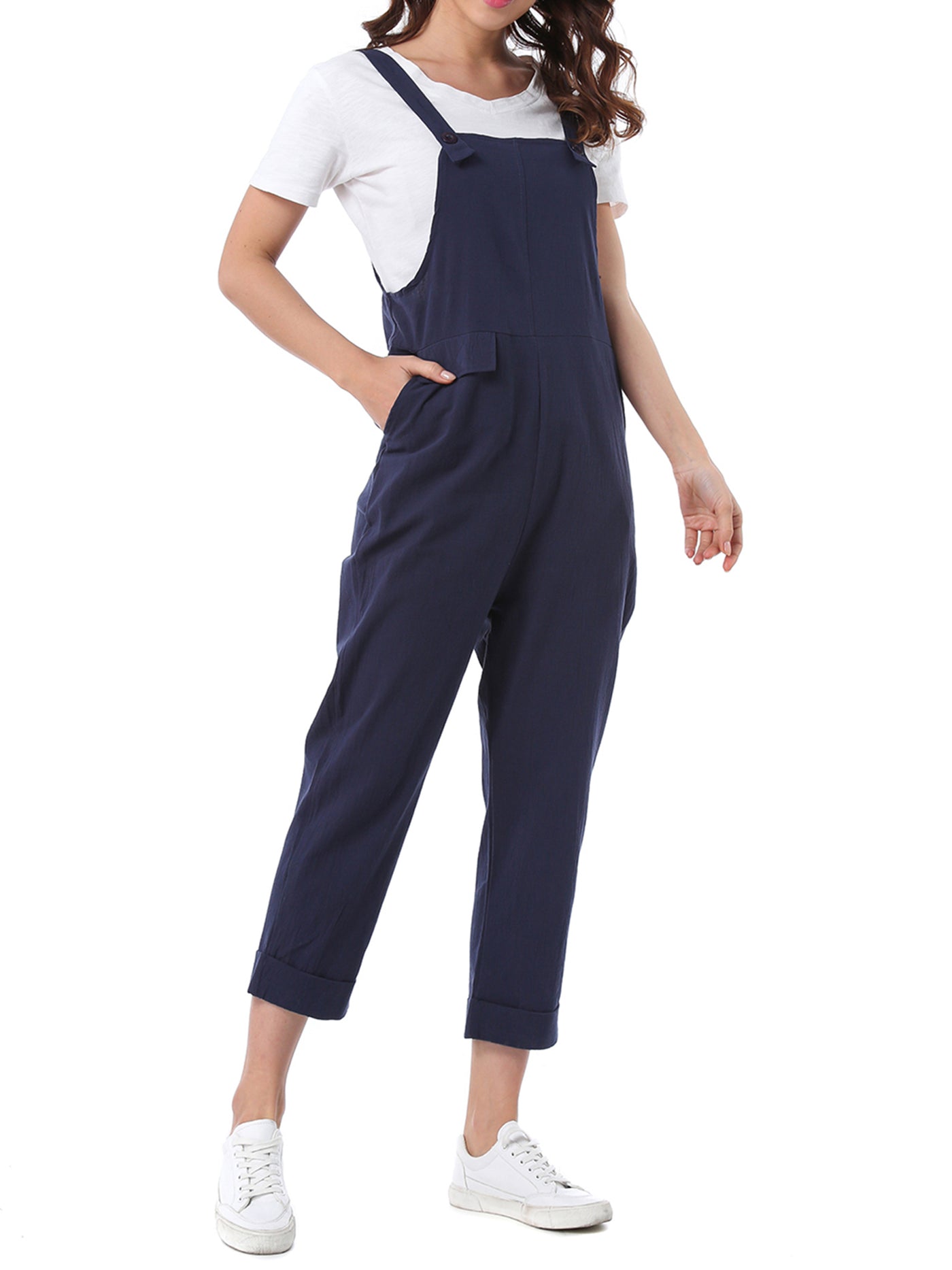 Allegra K Summer Cotton Pockets Casual Sleeveless Baggy Loose Jumpsuits