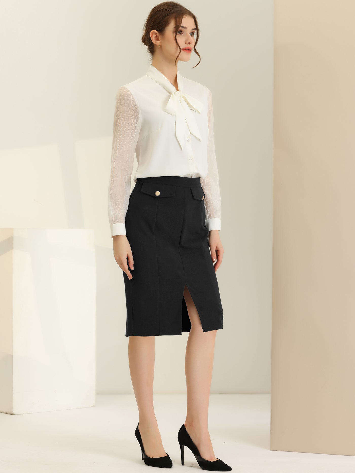 Allegra K Women's Pencil Skirt Belted Split Hem Knee Length Work Business Skirts