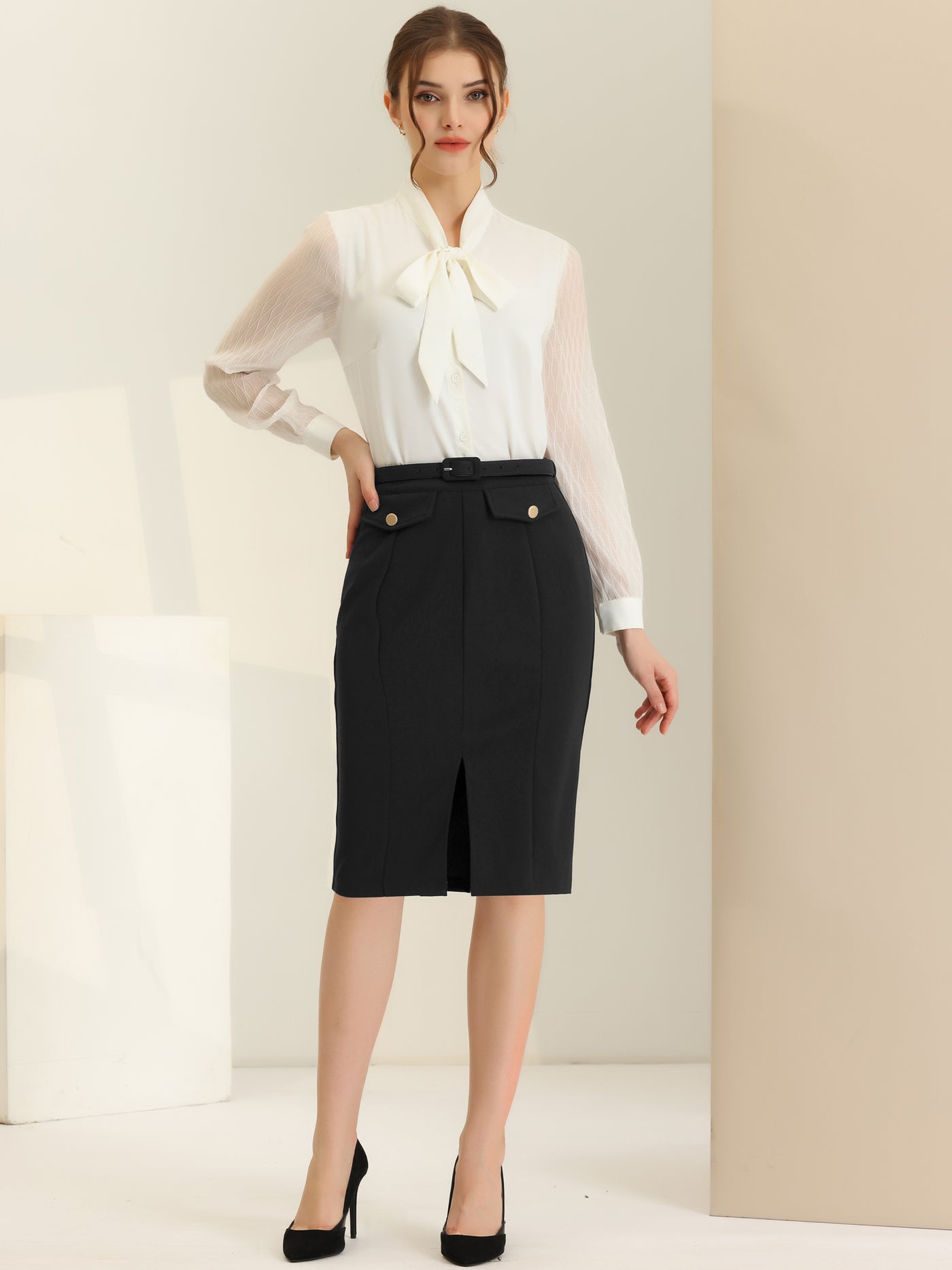 Allegra K Women's Pencil Skirt Belted Split Hem Knee Length Work Business Skirts