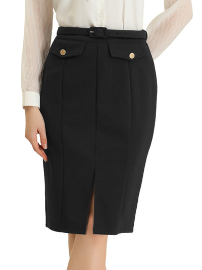 Women's Pencil Skirt Belted Split Hem Knee Length Work Business Skirts