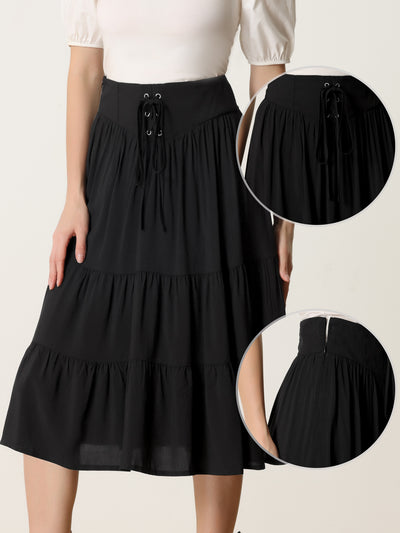 Tiered A-Line Skirt for Women's Lace Up Elastic Waist Flare Swing Midi Skirt