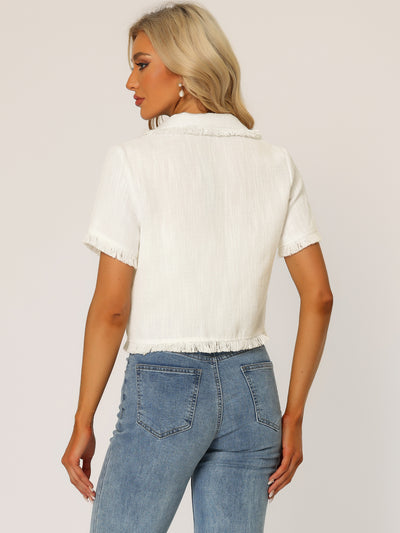 Tweed with Tassel Cropped Length Summer Short Sleeve Shirt