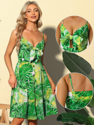 Tie Knot Tropical Print Twist Front Sleeveless Midi Cami Dress