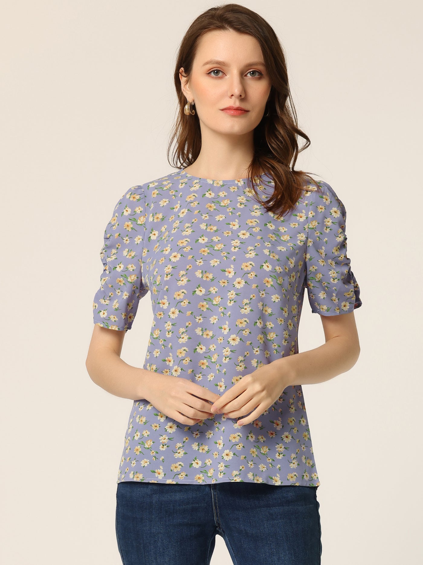 Allegra K Floral Crew Neck Casual Shirred Short Sleeve Blouse