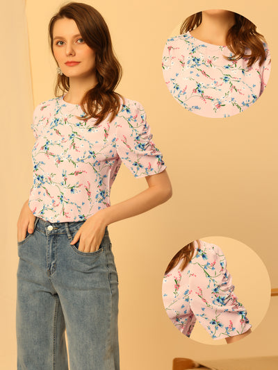 Crew Neck Floral Casual Shirred Short Sleeve Blouse