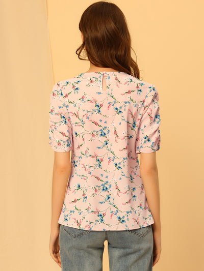 Crew Neck Floral Casual Shirred Short Sleeve Blouse