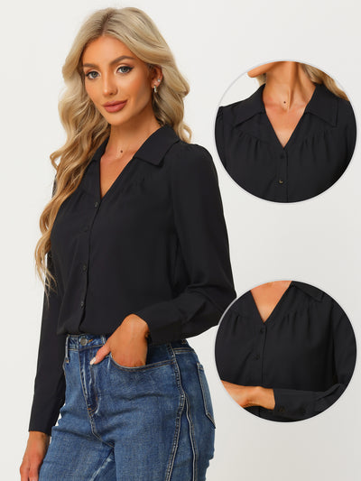 Casual Button Down Shirt V Neck Ruched Office Business Blouse