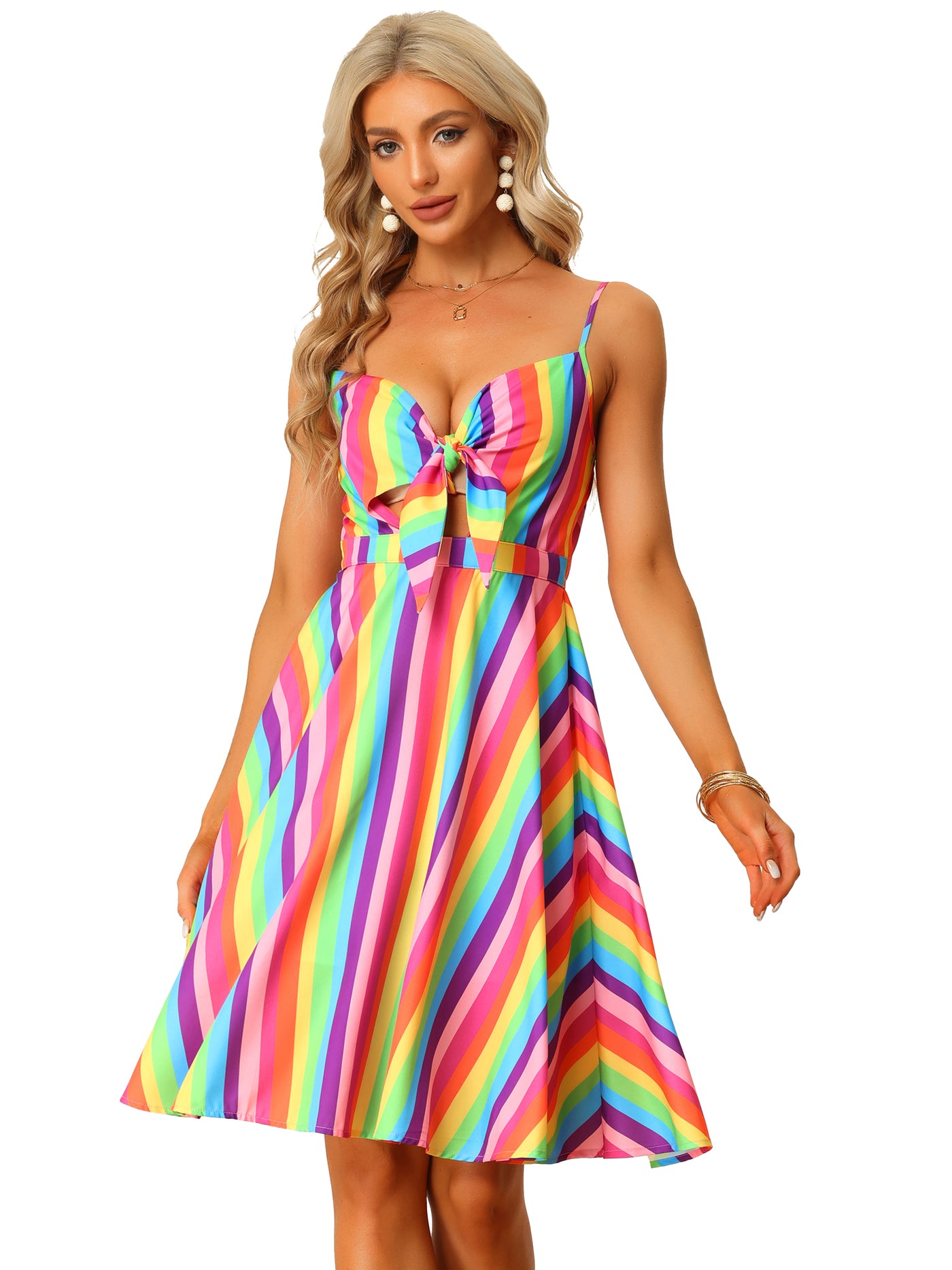 Allegra K Summer Casual Beach V Neck Tie Front Rainbow Spaghetti Strap Dress