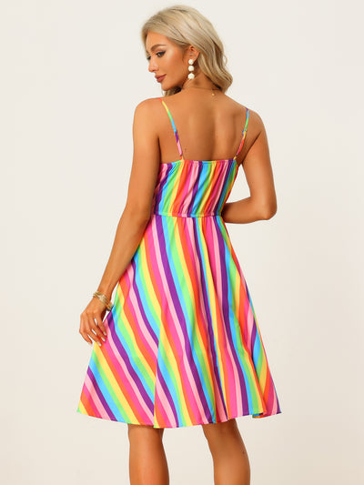 Summer Casual Beach V Neck Tie Front Rainbow Spaghetti Strap Dress