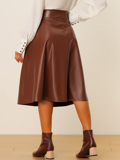 Faux Leather High Waist Belted A-line Flare Midi Skirt