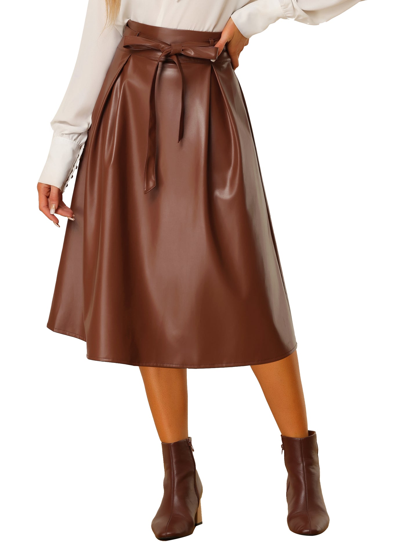 Allegra K Faux Leather High Waist Belted A-line Flare Midi Skirt
