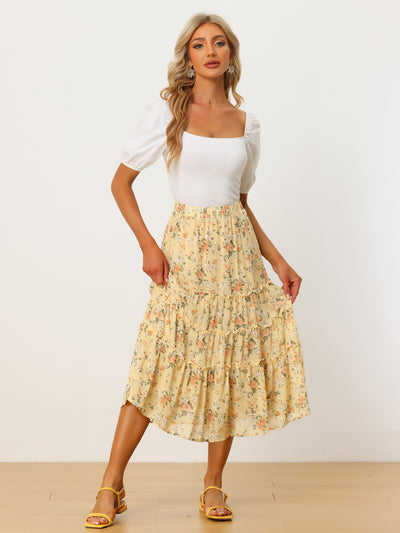 Allegra K Ruffle Boho Chiffon Floral Printed Long Tiered Midi Skirt