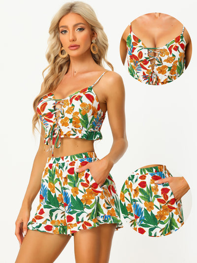 Tropical Floral Ruffle Hem Cami Crop Top Shorts 2 Piece Set