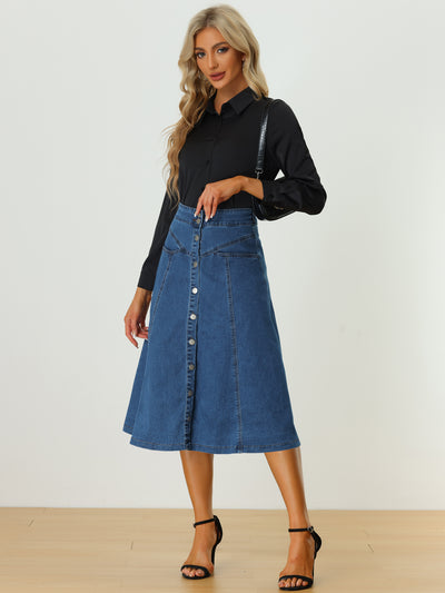 Womens' Stretchy High Waist Buttons Front A-Line Flowy Midi Skirts with Pockets