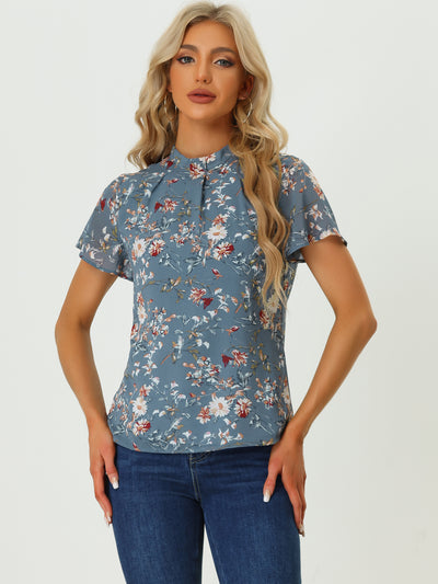 Short Sleeve Stand Collar Floral Summer Casual Chiffon Blouse