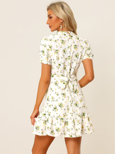 Floral Printed Short Sleeve Self Tie Summer Mini Dress