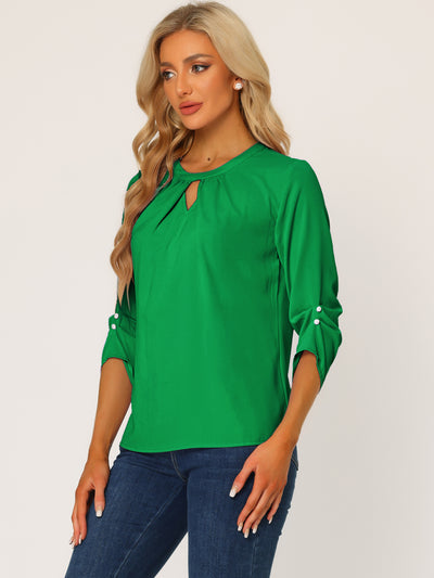 Office Keyhole Pleated Front Ruched 3/4 Sleeve Chiffon Blouse