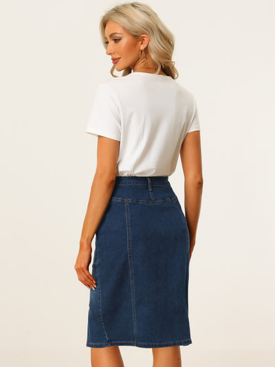 Denim Button Decor Side Slit Slash Pocket Knee Length Skirt