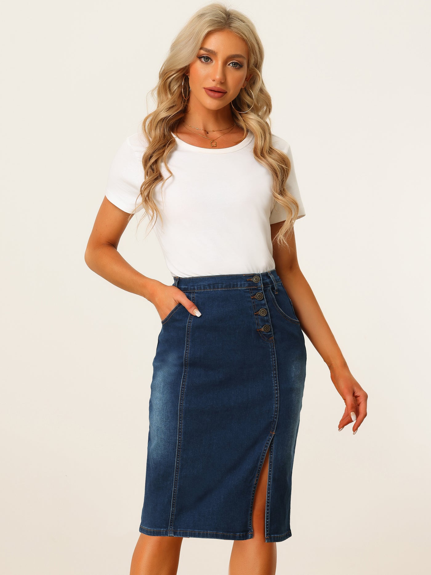 Allegra K Denim Button Decor Side Slit Slash Pocket Knee Length Skirt
