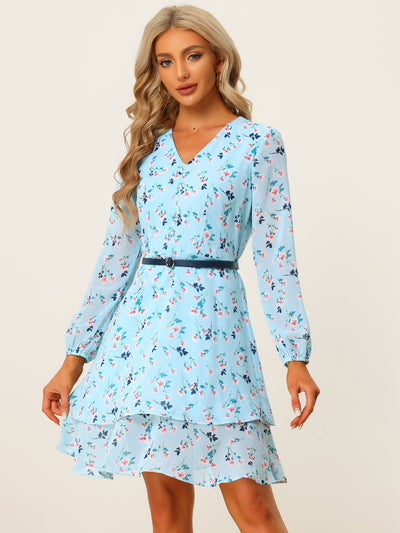 Summer V Neck Belted Layered Tiered Chiffon Floral Dress