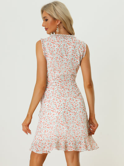 Summer Sleeveless V Neck Tie Waist Floral Print Ruffled Wrap Mini Dress
