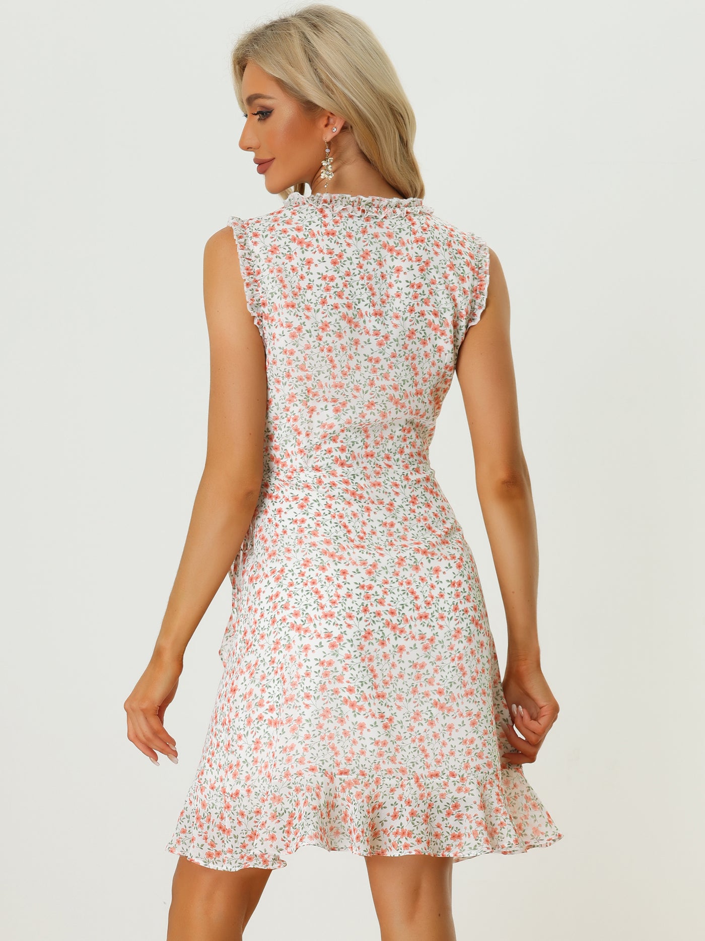 Allegra K Summer Sleeveless V Neck Tie Waist Floral Print Ruffled Wrap Mini Dress