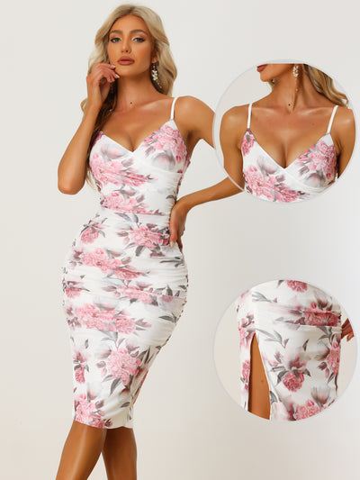 Floral Spaghetti Strap Cami Ruched Side Slit Summer Bodycon Dress