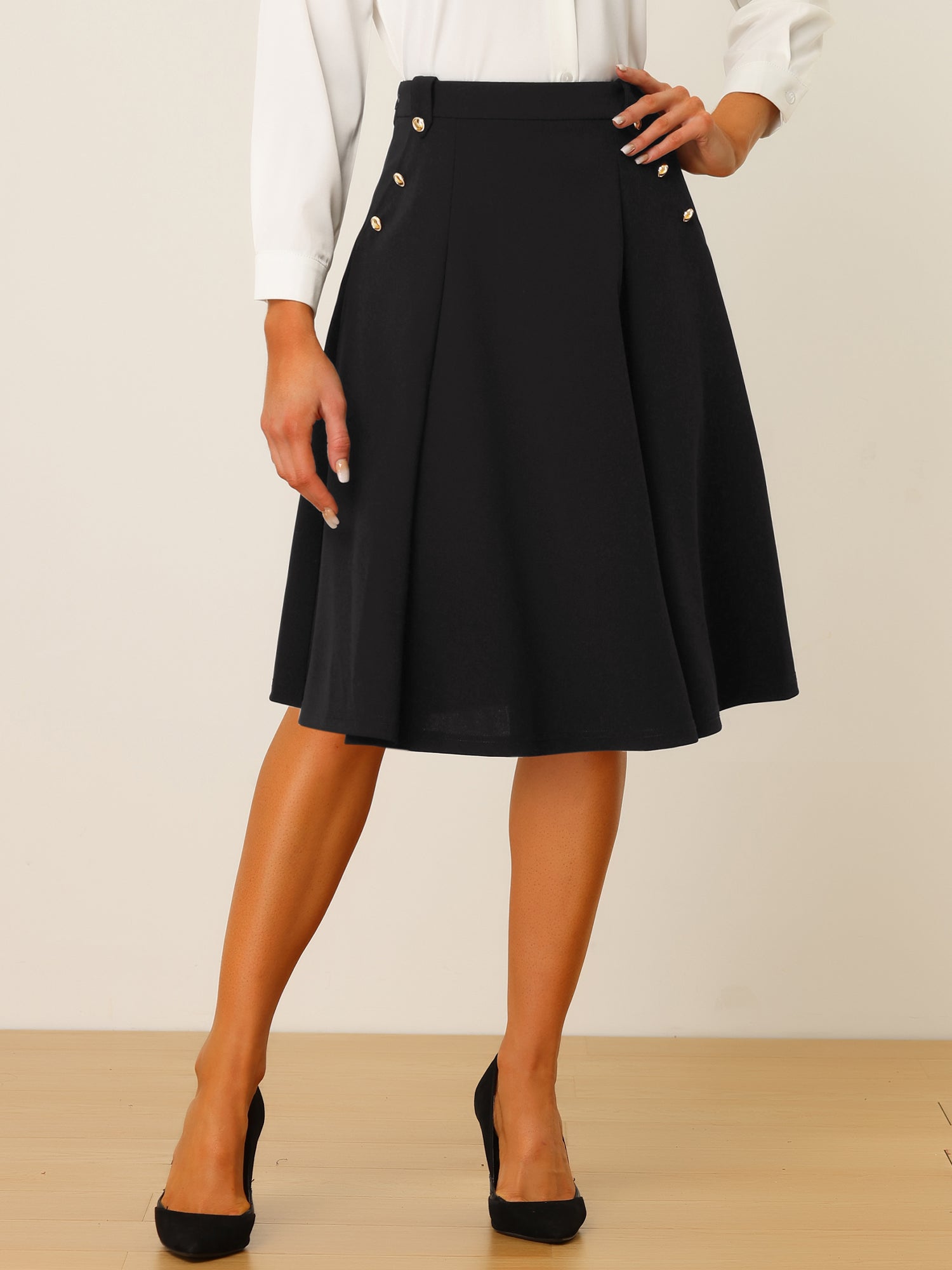 Allegra K Women's Tie-Up High Waist A-Line Skirt - Knee Length With Button Detail, Polyester 9 thumbnail image