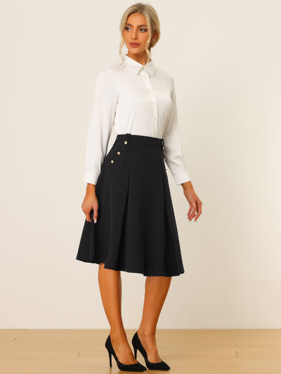 Women's High Waist Button Decor Vintage Pleated Flared Midi Skirt
