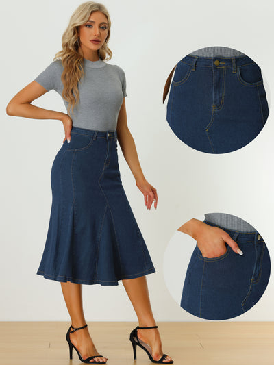 Casual Denim Skirt for Women's High Waisted A-Line Flared Midi Skirts
