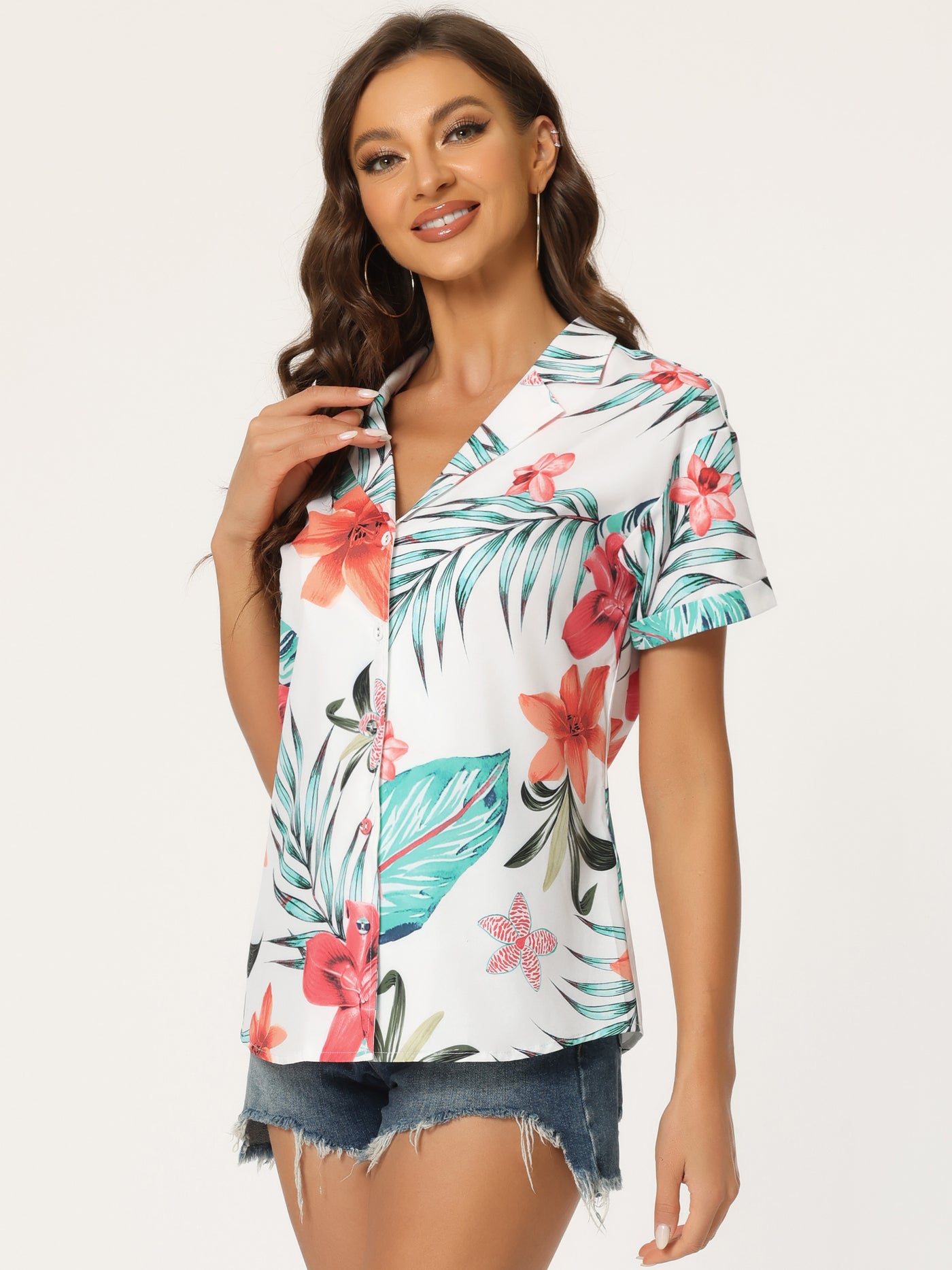 Allegra K Hawaiian Floral Leaves Printed Short Sleeve Tropical Button Shirt