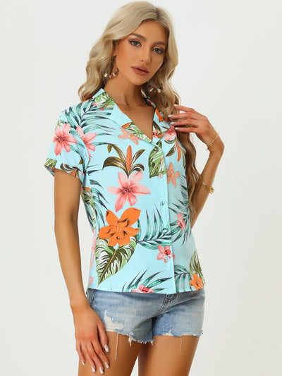 Hawaiian Floral Leaves Printed Short Sleeve Tropical Button Shirt