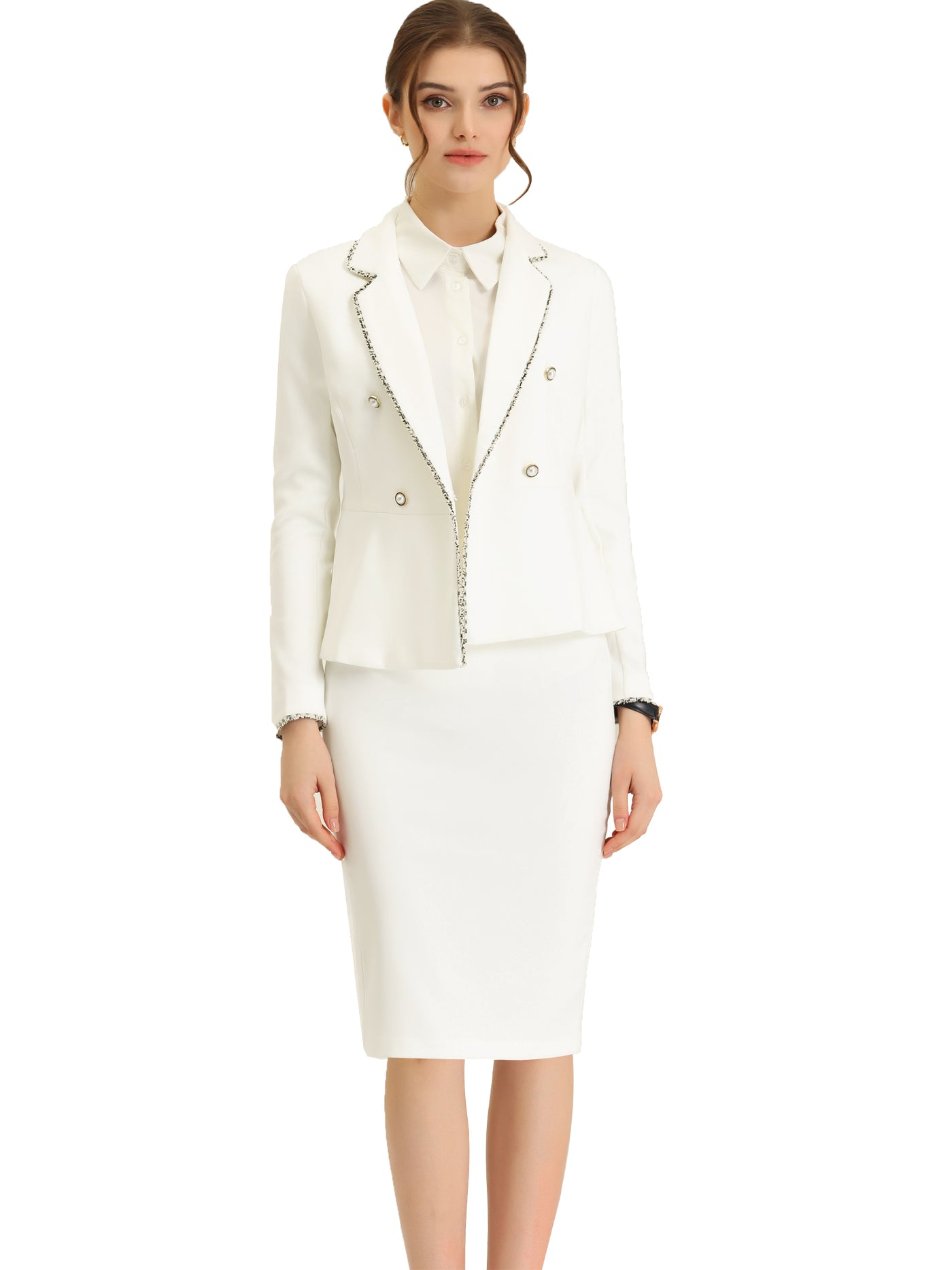 Allegra K Business Suit 2 Pieces Tweed Trim Blazer Jacket and Skirt Set