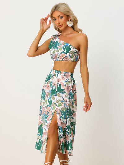 Allegra K Summer Floral Printed Crop Tube Tops Split Long Skirt 2 Piece Set